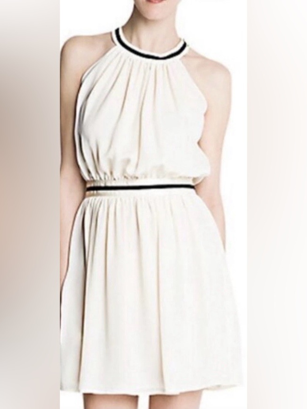 745. Mango cream chiffon halter dress featuring black ribbon accents at the neck